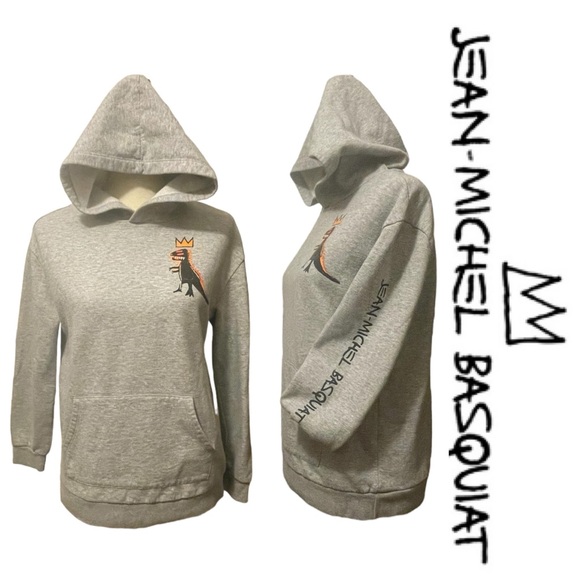 Jean-Michel Basquiat Crowned Pez Dinosaur Grey Pullover Hoodie Size 12-14 (L) - Picture 1 of 15